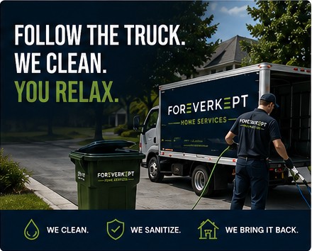 Follow the truck: ForeverKept operator pressure-washing bins at the curb on trash day